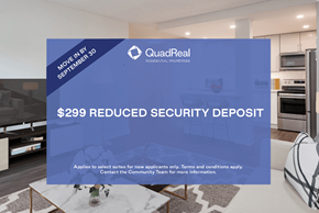 Calgary apartment for rent - A modern kitchen with a large advertisement for QuadReal REAL DENTAL PROPERTIES offering a $299 reduced security deposit.