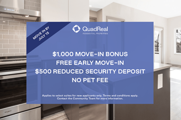North Vancouver apartment for rent - A QuadReal advertisement offers a $1,000 move-in bonus, free early move-in, and a $500 reduced security deposit with no pet fee.