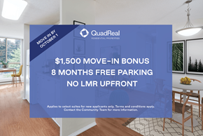 Mississauga apartment for rent - A room with a QuadReal advertisement offering a $1,500 move-in bonus and 8 months of free parking.