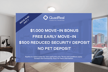 Vancouver apartment for rent - A sign advertising a $1,000 move-in bonus and a $500 reduced security deposit from QuadReal.