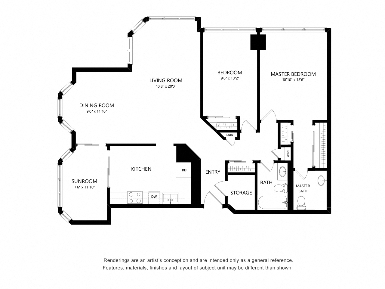 Floor plan for 2 beds, 1.5 baths, 1128 sqft
