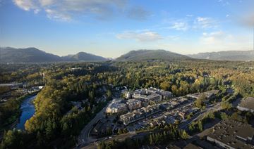 North Vancouver townhouse for rent - A river flows through a valley with a town and mountains in the background.