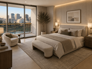 Oakland apartment for rent - A bedroom with a large bed and a view of the city.