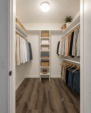 Loma Linda apartment for rent - A walk in closet with clothes and shoes.