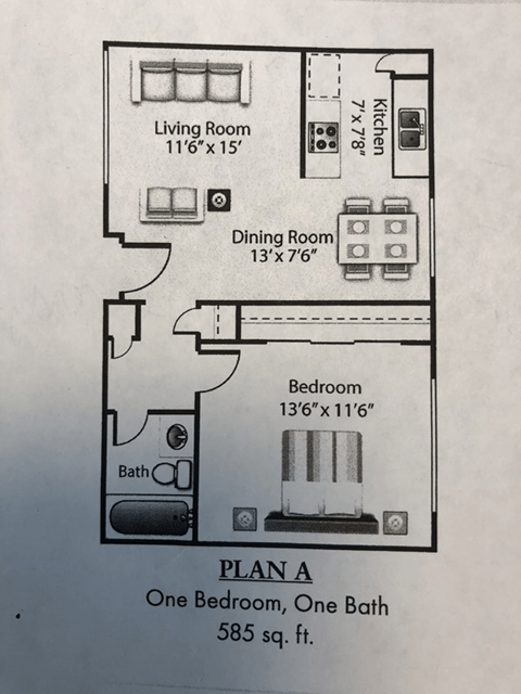 Floor plan for 1 bed, 1 bath, 585 sqft
