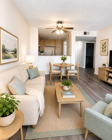 Loma Linda apartment for rent - A living room with a couch, a coffee table, and a ceiling fan.
