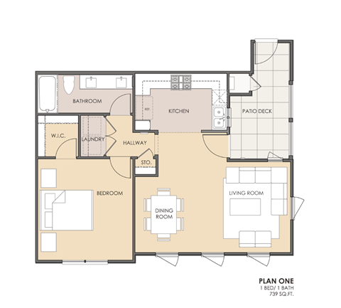 Floor plan for 1 bed, 1 bath, 739 sqft