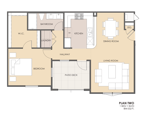 Floor plan for 1 bed, 1 bath, 844 sqft