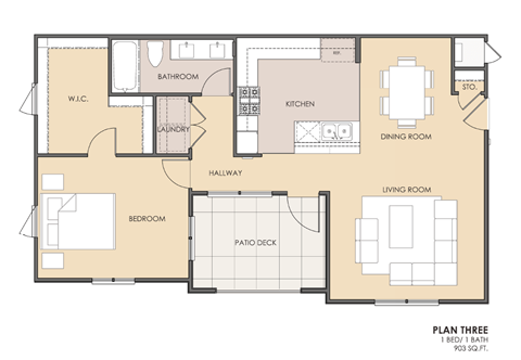 Floor plan for 1 bed, 1 bath, 903 sqft
