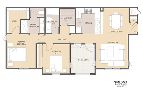 Floor plan for 2 beds, 2 baths, 1034 sqft