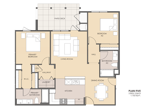 Floor plan for 2 beds, 2 baths, 1152 sqft