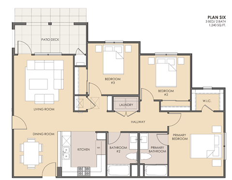 Floor plan for 3 beds, 2 baths, 1240 sqft