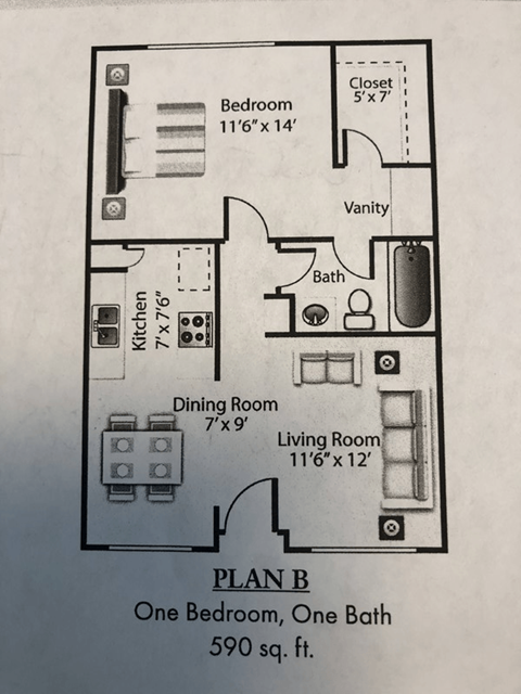 Floor plan for 1 bed, 1 bath, 590 sqft
