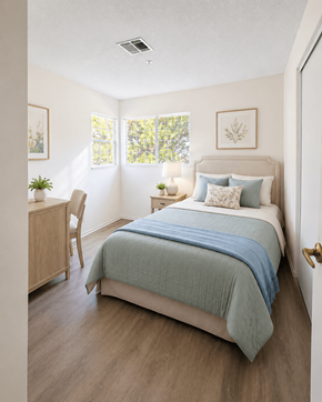 Loma Linda apartment for rent - A bedroom with a bed, chair, and window.