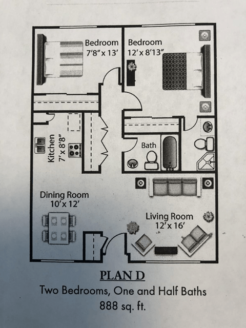 Floor plan for 2 beds, 2 baths, 888 sqft