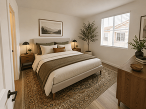 Moreno Valley apartment for rent - A bedroom with a large bed and a rug on the floor.