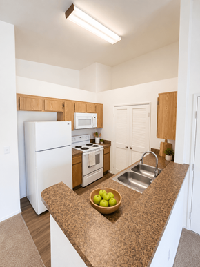 Oceanside apartment for rent - A kitchen with a bowl of green apples on the counter.