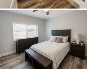 Johnson City apartment for rent - A bedroom with a bed, nightstand, and window.
