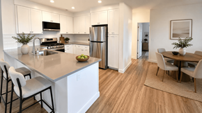 Moreno Valley apartment for rent - A modern kitchen with a dining table and chairs.