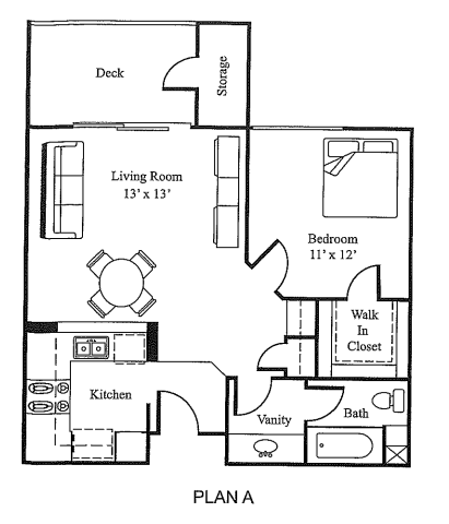 Floor plan for 1 bed, 1 bath, 616 sqft