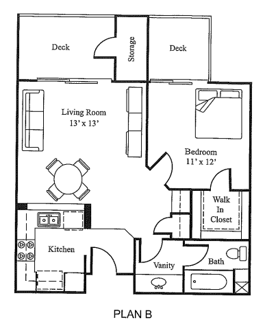 Floor plan for 1 bed, 1 bath, 616 sqft