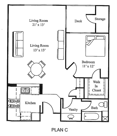 Floor plan for 1 bed, 1 bath, 722 sqft