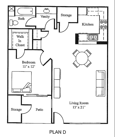 Floor plan for 1 bed, 1 bath, 731 sqft