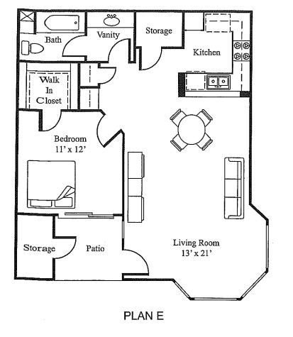 Floor plan for 1 bed, 1 bath, 763 sqft