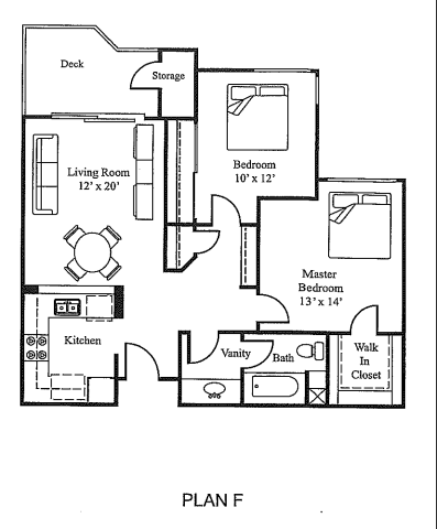 Floor plan for 2 beds, 1 bath, 794 sqft
