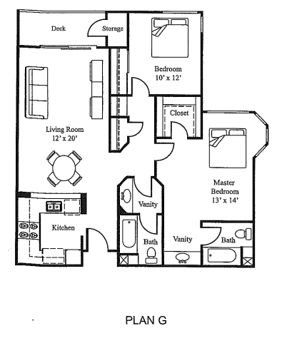 Floor plan for 2 beds, 2 baths, 987 sqft