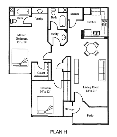 Floor plan for 2 beds, 2 baths, 987 sqft