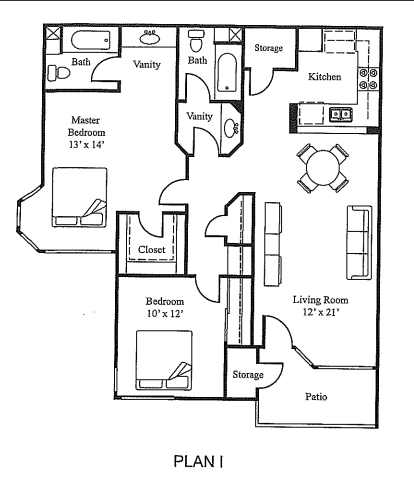 Floor plan for 2 beds, 2 baths, 1011 sqft