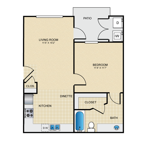 Floor plan for 1 bed, 1 bath, 587 sqft
