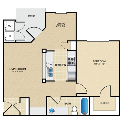 Floor plan for 1 bed, 1 bath, 734 sqft