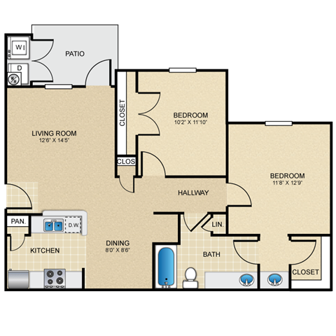 Floor plan for 2 beds, 1.3 baths, 881 sqft