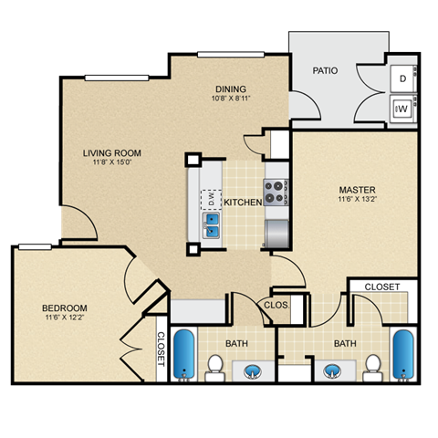 Floor plan for 2 beds, 2 baths, 954 sqft