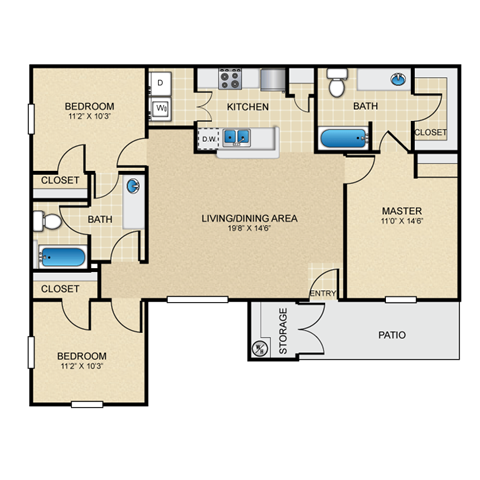 Floor plan for 3 beds, 2 baths, 1150 sqft