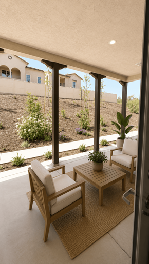 Moreno Valley apartment for rent - A patio with a table and chairs overlooking a garden.