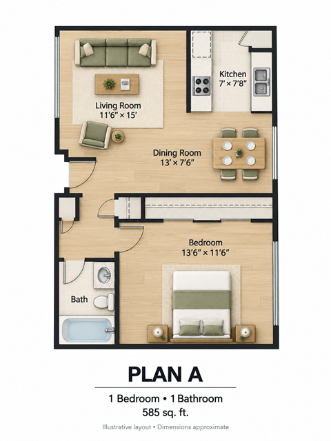 Floor plan for 1 bed, 1 bath, 590 sqft