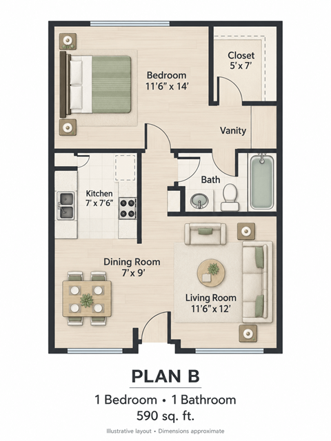 Floor plan for 1 bed, 1 bath, 590 sqft