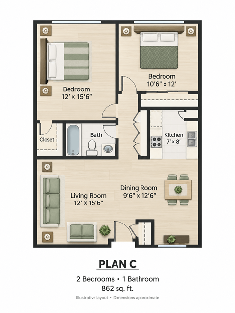 Floor plan for 2 beds, 1 bath, 862 sqft