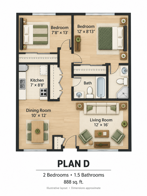 Floor plan for 2 beds, 2 baths, 888 sqft