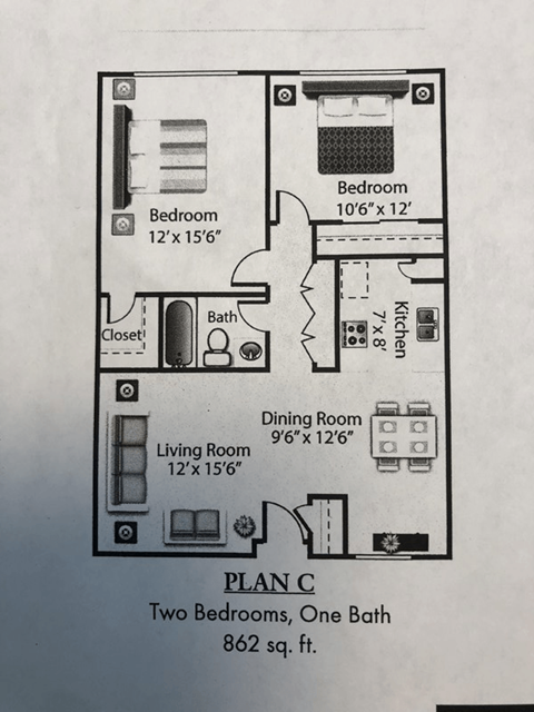 Floor plan for 2 beds, 1 bath, 862 sqft