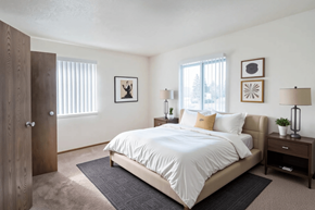 El Paso apartment for rent - A bedroom with a large bed and a wooden door.