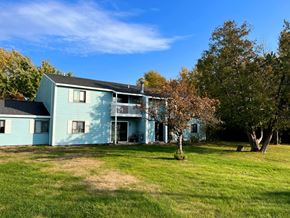 Rogers City apartment for rent - A blue house with a white fence and a tree in front.