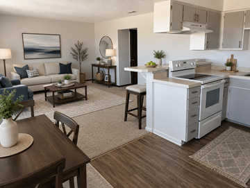 Fairfield apartment for rent - A modern kitchen and living room with a dining table and chairs.