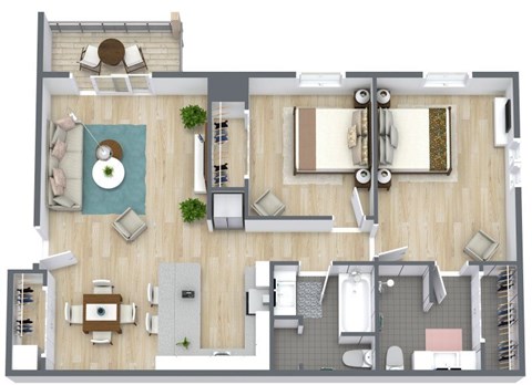 Floor plan for 2 beds, 2 baths, 960 sqft