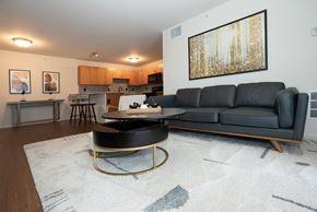 Grayling apartment for rent - A black leather sofa sits in a living room with a coffee table in front of it.