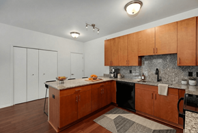 Dundee apartment for rent - A kitchen with wooden cabinets and a granite countertop.