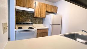 Kinde apartment for rent - a kitchen with a stove refrigerator and sink